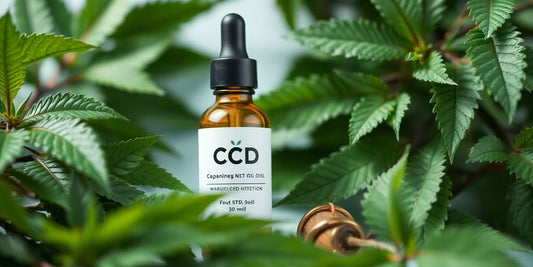 Flasche CBD-Öl mit grünen Blättern und natürlicher Umgebung.