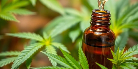CBD Tinkturflasche mit Tropfer und Cannabisblättern.