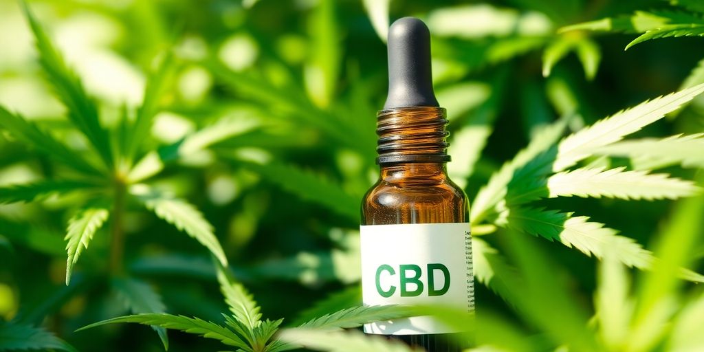 Nahaufnahme eines CBD Öl Fläschchens mit Hanfblättern.