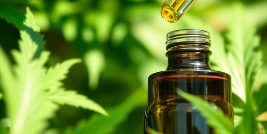 Nahaufnahme von hochwertigem CBD-Öl mit Hanfblättern.
