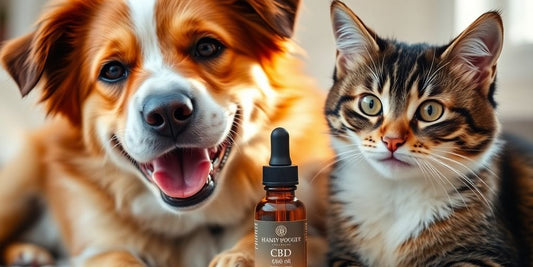 Glücklicher Hund und Katze mit CBD-Öl im Vordergrund.