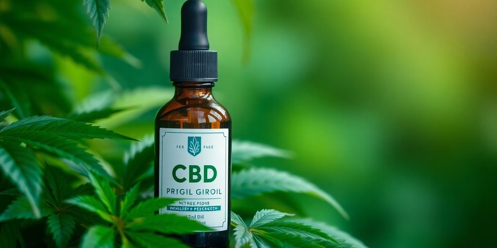 Flasche mit CBD Öl umgeben von grünen Blättern.
