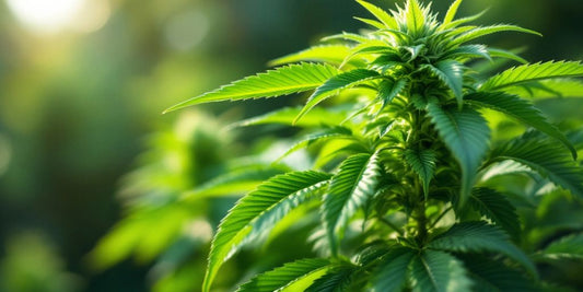 Nahaufnahme einer grünen Cannabis-Pflanze vor unscharfem Hintergrund.