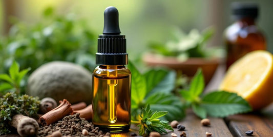 Nahaufnahme von CBD Öl mit frischen Kräutern.
