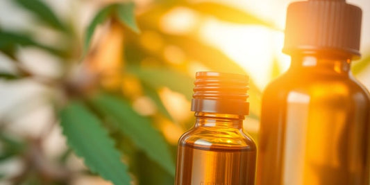CBD-Ölflaschen mit Hanfblättern im Hintergrund