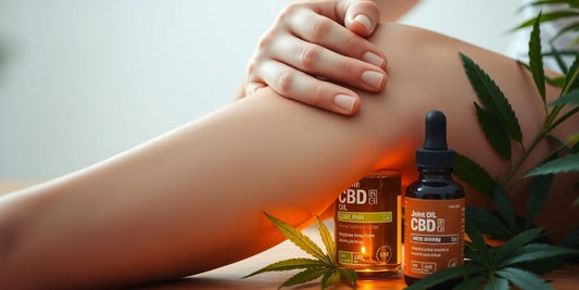 Person massiert das Knie mit CBD-Öl.