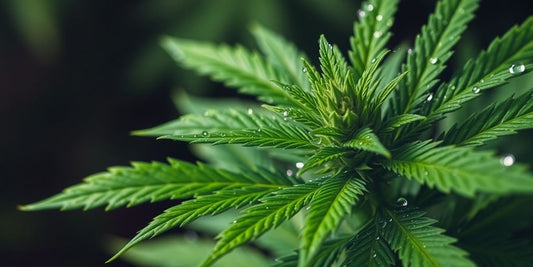 Nahaufnahme einer Cannabispflanze mit Tautropfen.