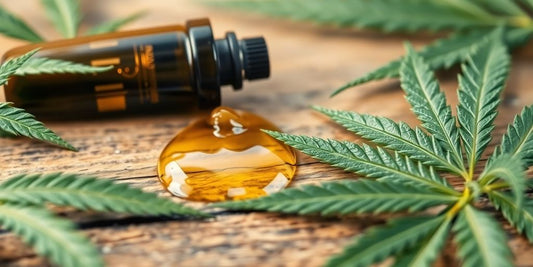 Nahaufnahme von CBD-Öltropfen auf Holzoberfläche.