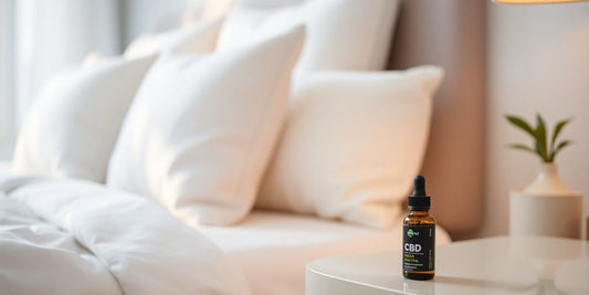 Ein ruhiges Schlafzimmer mit einem Bett und CBD-Öl.