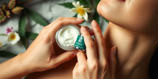 Frau trägt CBD-Creme auf ihre strahlende Haut auf.