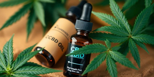 Nahaufnahme von CBD-Ölflaschen und Hanfblättern.