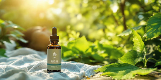 Entspannter Mensch in der Natur mit CBD-Öl.