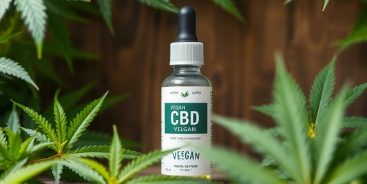Flasche mit veganem CBD Öl auf grünem Hintergrund.