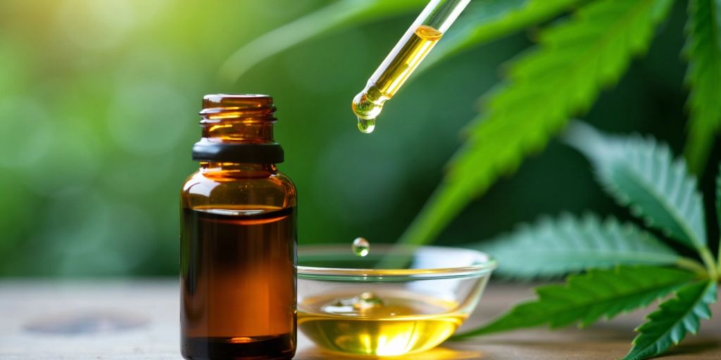 CBD-Öl Tropfen und Hanfblätter