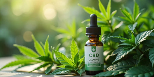 Beruhigende CBD-Ölflasche umgeben von Pflanzen.