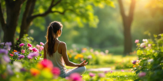 Person meditiert in einem grünen Park mit Blumen.