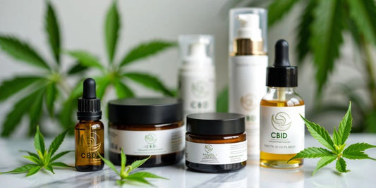 Nahaufnahme von CBD Kosmetikprodukten auf Marmoroberfläche.