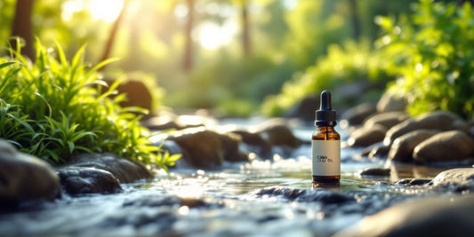 Beruhigende Landschaft mit CBD-Öl-Flasche im Vordergrund.