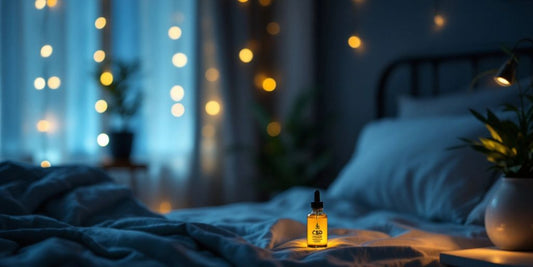 Ruhiges Schlafzimmer mit CBD-Öl auf dem Nachttisch.