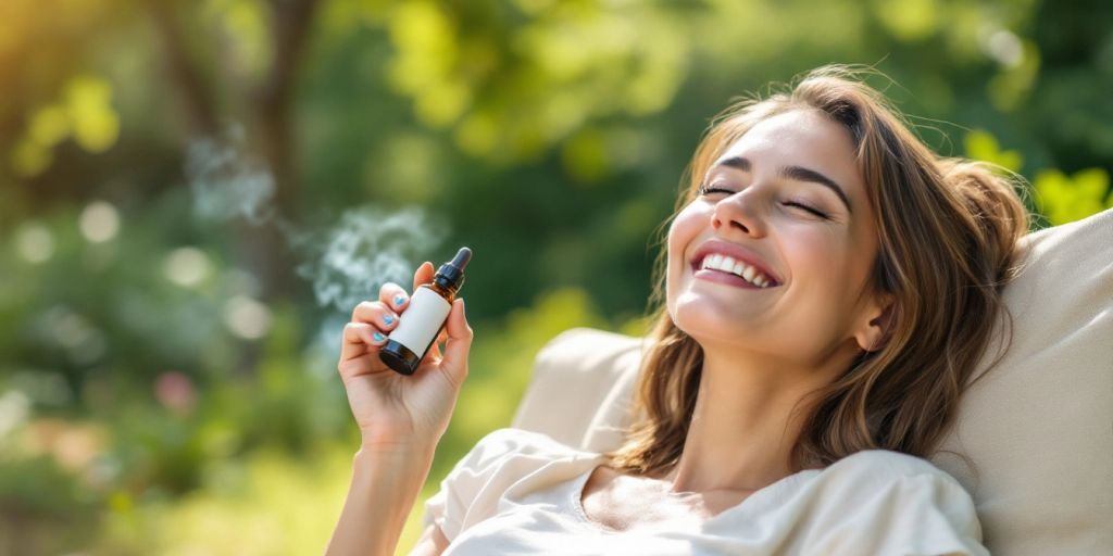 Person mit CBD-Öl in der Natur, entspannt und nikotinfrei.