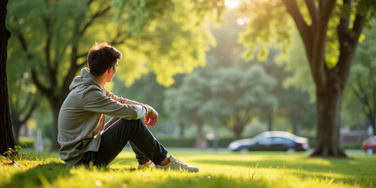 Person im Park, entspannt und nachdenklich