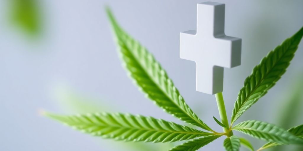Nahaufnahme eines Cannabislatt mit medizinischem Kreuz.