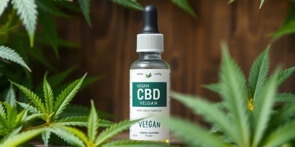 Flasche mit veganem CBD Öl auf grünem Hintergrund.